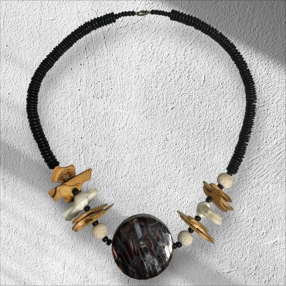 Vintage 80's Handmade Beaded Necklace With Brown Shell Centerpiece & Wood Accent - Picture 2 of 3